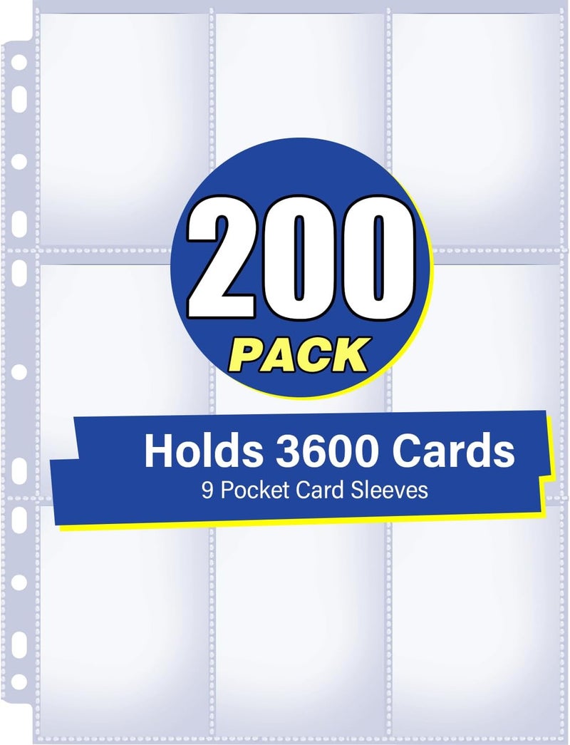 YHIJF 200 Pack 9 Pocket Double Side Card Sleeves Binder Sheets, Holds 3600 Cards, Trading Card Binder Sleeves for 3 Ring Binder, Card Sleeve Pages for Baseball, Football, Business, TCG, Kpop Cards - Image 1